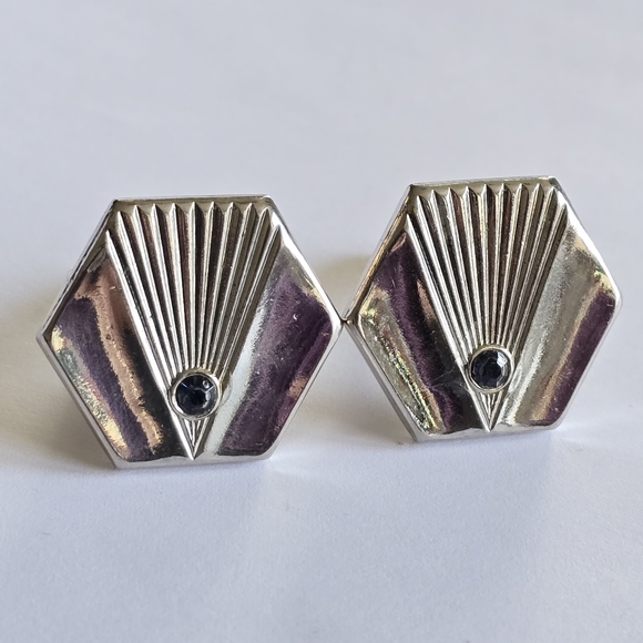 Vintage cuff links Art Deco style silver tone cufflinks blue gem - Picture 9 of 12